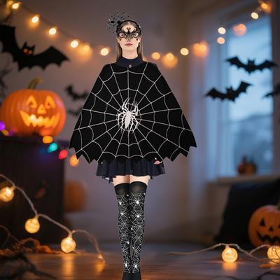 Halloween Spider Web Costume for Women Black Lace Headband Choker Gloves Spider Web Cape Masque Thigh High Long Stockings for Carnival Party Cosplay