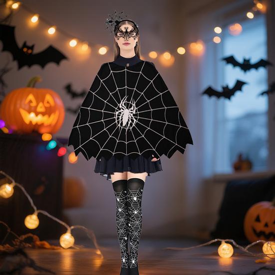 Halloween Spider Web Costume for Women Black Lace Headband Choker Gloves Spider Web Cape Masque Thigh High Long Stockings
