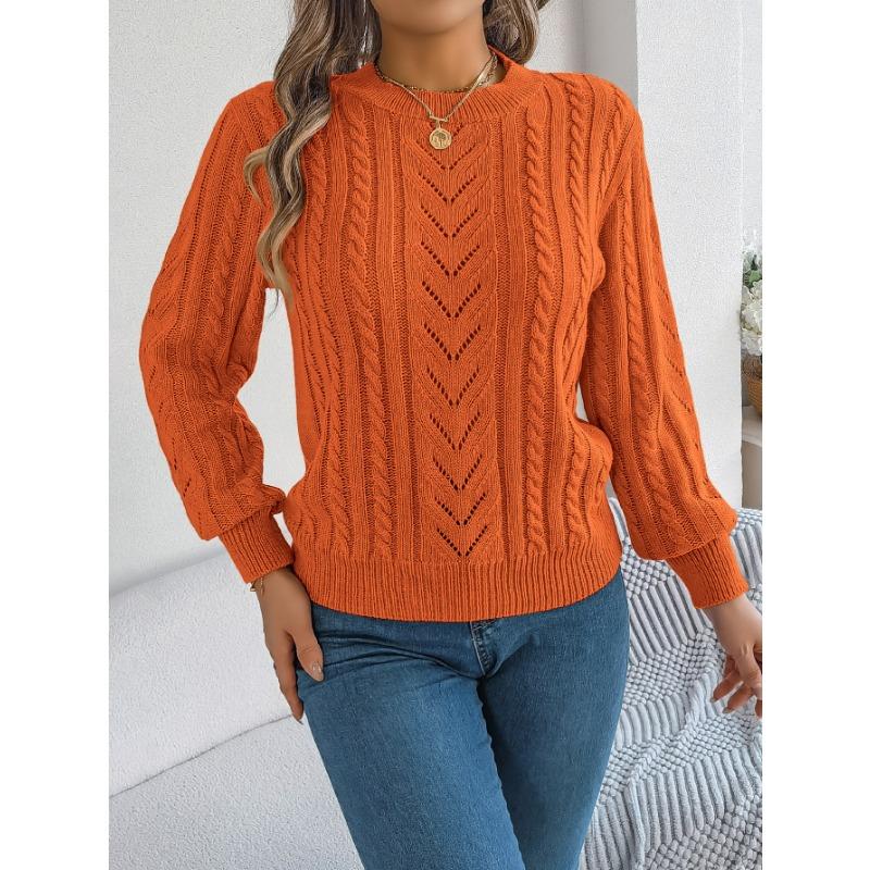 Women Autumn Winter Casual Solid Color Hollow Out Lantern Sleeve Pullover Sweater