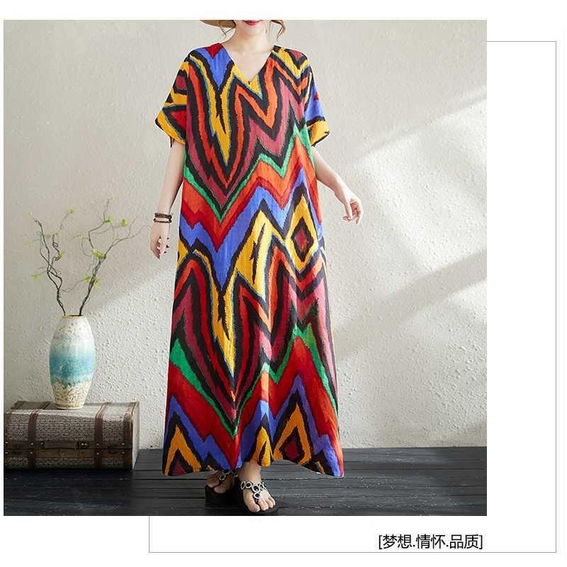 Summer Cotton and Linen Printed Loose and Simple Long Skirt Thin