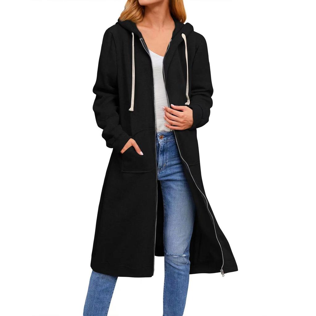 Loose Zip Long Cardigan Jacket Dame hettegenser Lang frakk med lomme