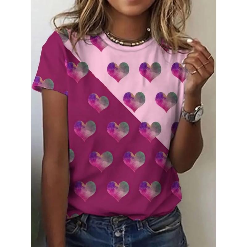 Fashion Women's Clothing Love Short Sleeve Crew Neck Short Sleeve Crew Neck T-Shirt 3D Love Rose Color Printing Rose Short Sleeve Tees