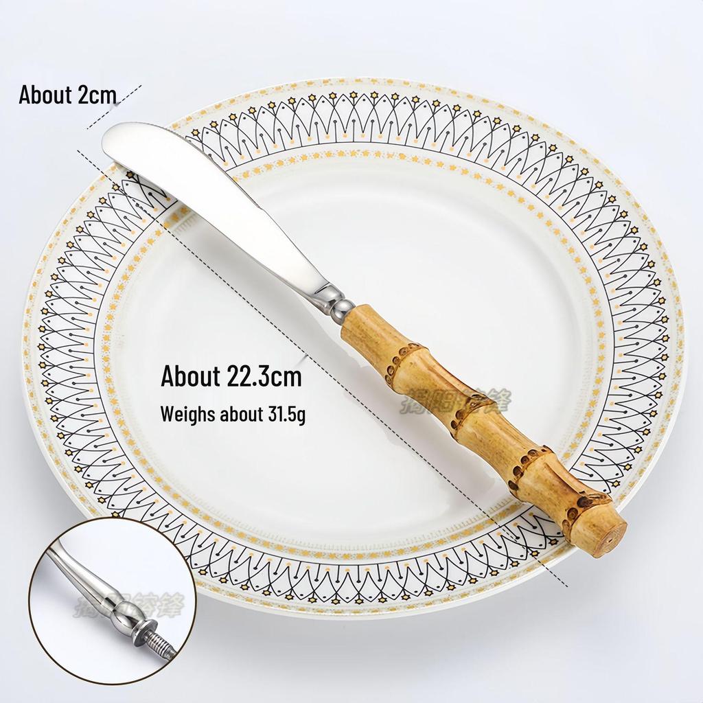 304 Stainless Steel Bamboo-Handled Knife Fork Spoon Set for Hotel Tableware and Western Food, Thickened Dessert Spoon and Steak Knife Fork.