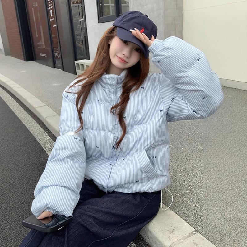 Sweet striped bow short cotton jacket women's small winter warm loose stand-up collar bread jacket