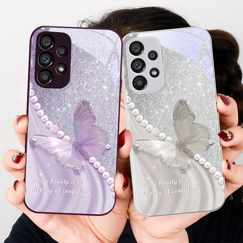 Pearl Butterfly Gradient For Samsung Galaxy S23 24 Plus S20 21 FE S25 Ultra A70 72 73 51 52 53 Tempered Glass Phone Case