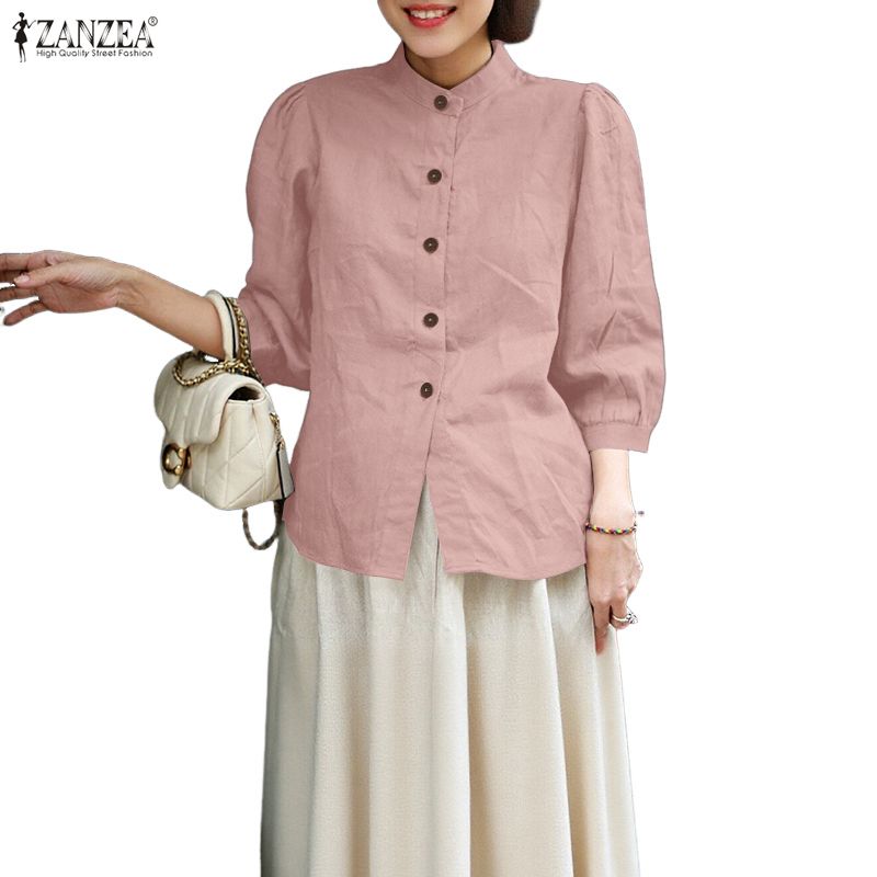 ZANZEA Blouse décontractée pour femme à col montant, ample, manches 3/4, en coton