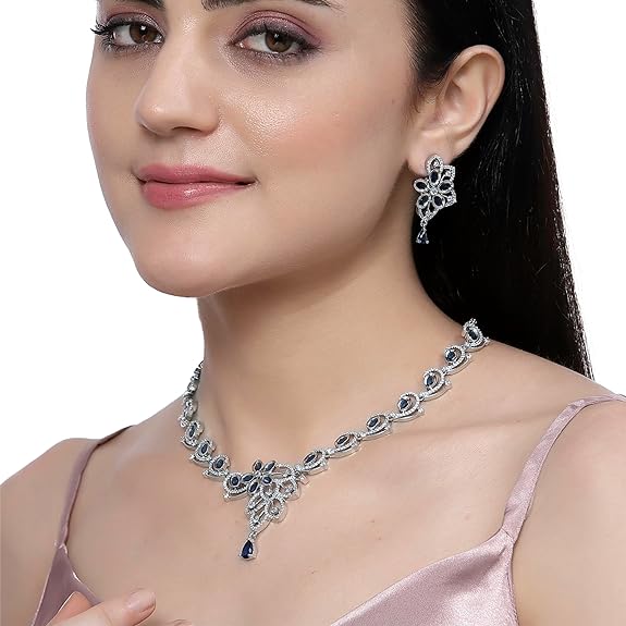 Rhodium-Plated American Diamond Studded Floral & Paisley Shaped Necklace With Earrings Jewellery Set For Girls and Women