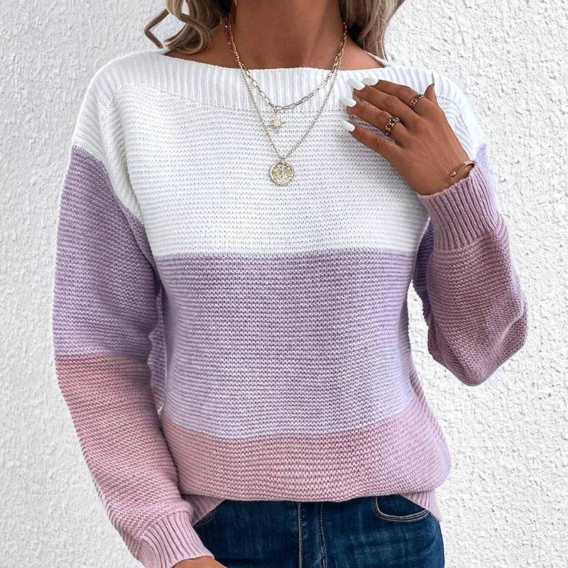 2026 Women's Color Block Patchwork Knit Sweater - Autumn/Winter Round Neck Long Sleeve Pullover Top