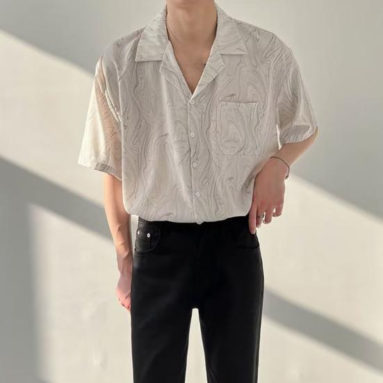 Men's Printed Short Sleeve Shirt Button Down Lapel Shirt with Pocket Summer Casual Beach Top for Vacation Travel