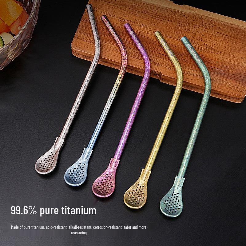 Crystal Clear Titanium Straw with Spoon - Reusable for Drinks