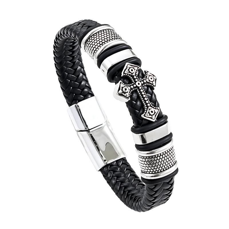 Classic Men'S Black Leather Bracelet, Magnetic Metal Buckle, Fashion Bracelet, Everyday Casual Jewelry, Matching Jewelry.