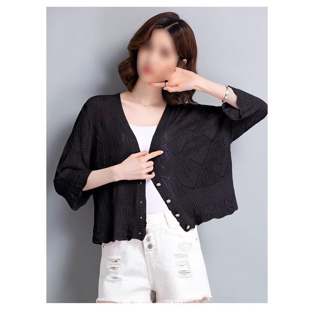 

Летняя короткая куртка с тонкой шалью и ажурной рубашкой с кондиционером, вязаный кардиган из ледяного шелка для женщин 3XL чёрный