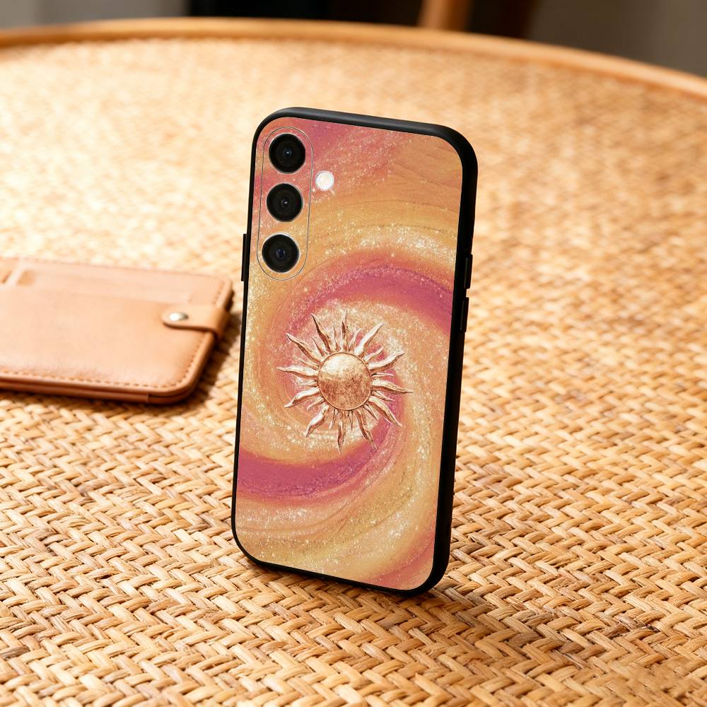 Gilded Sun and Moon Phone Case For Samsung A73,72,71,A52,51,40,41,A22,A32,31,A13, Soft Black Shell