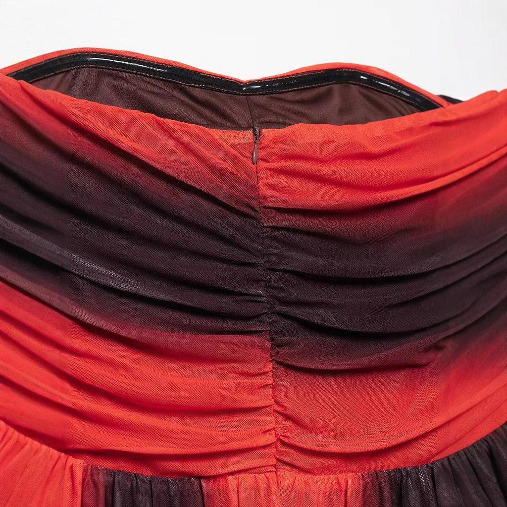 2025 Spring Women's European & American Fashion Slimming Strapless Print Mesh Dress for Vacations