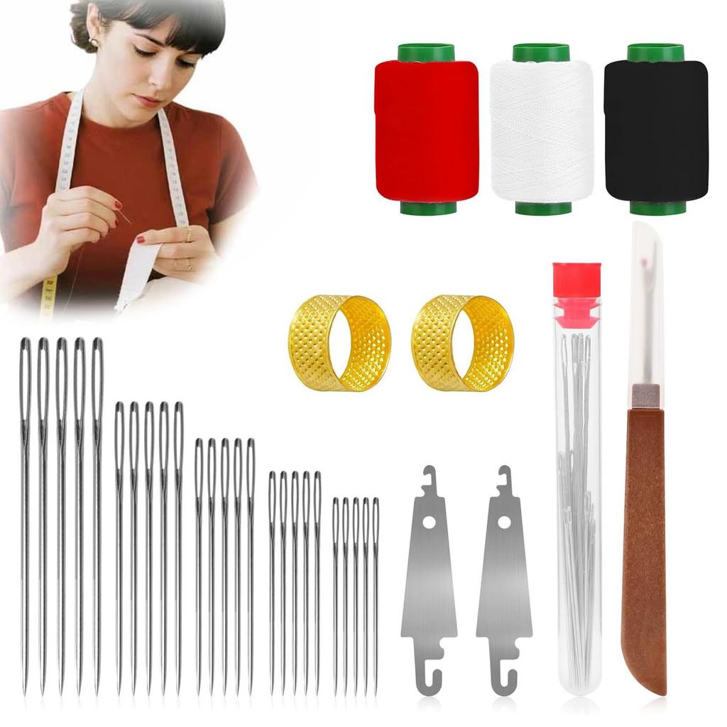 34PCS Big Eye Steel Sewing Needles Kit 5 Size Needles Leather Embroidery Thread Needle for Stitching and Crafting