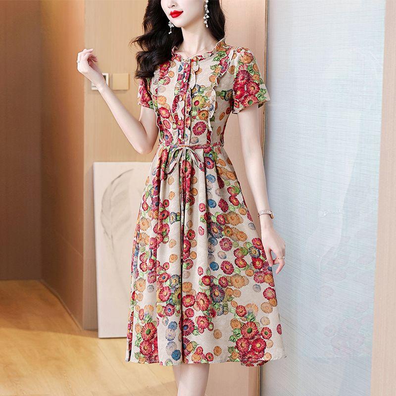 Womens Floral Print Short Sleeve A Line Midi Dress M