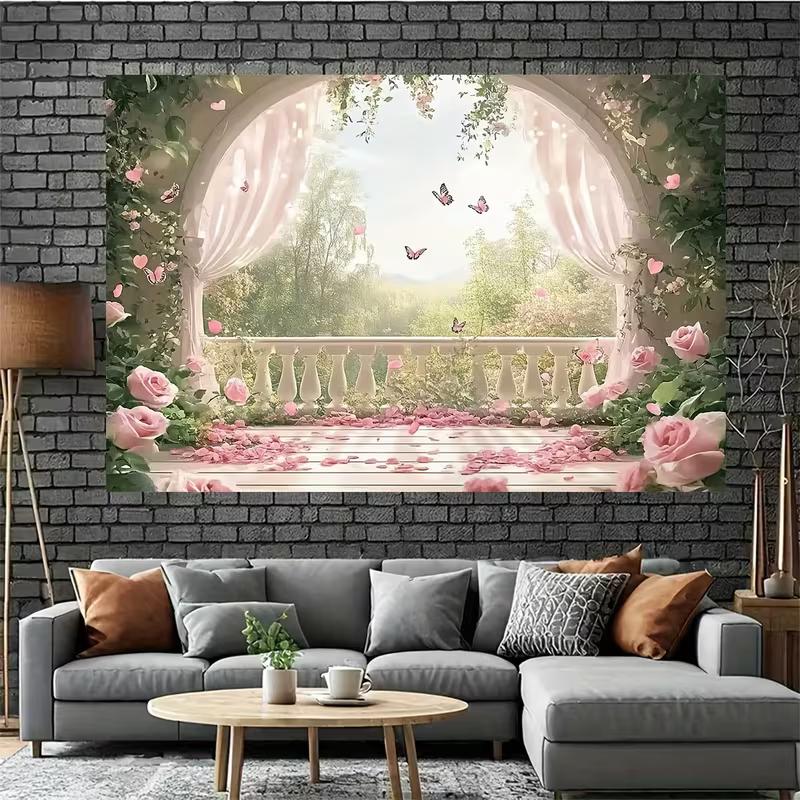 Rosa Rose Balkon-Wandteppich, Romantischer Blumiger Schmetterlings-Hintergrundstoff, Hochzeitsfeier-Kulisse
