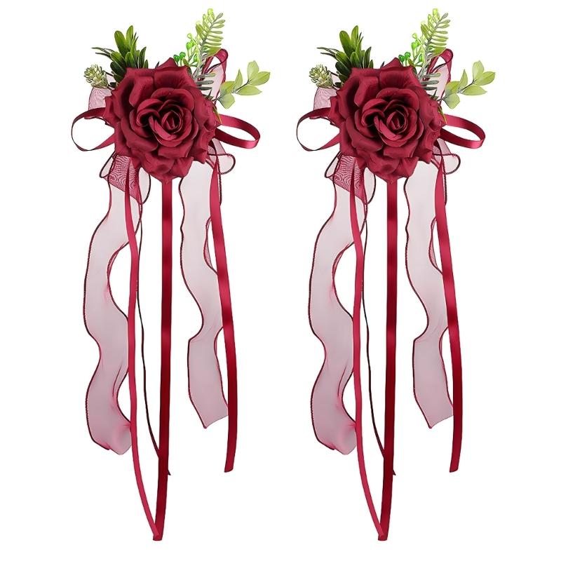 Ornement Floral pour Véhicule de Cérémonie avec Rubans de Roses Artificielles Longueurs pour Placement sur Miroir de Mariage et Accent de Voiture