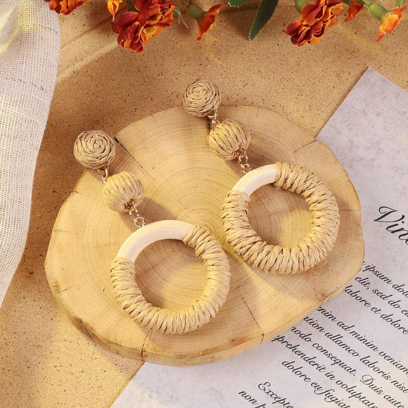 Vintage vacation style grass vine woven earrings Bohemian seaside niche exaggerated stud earrings women's earrings