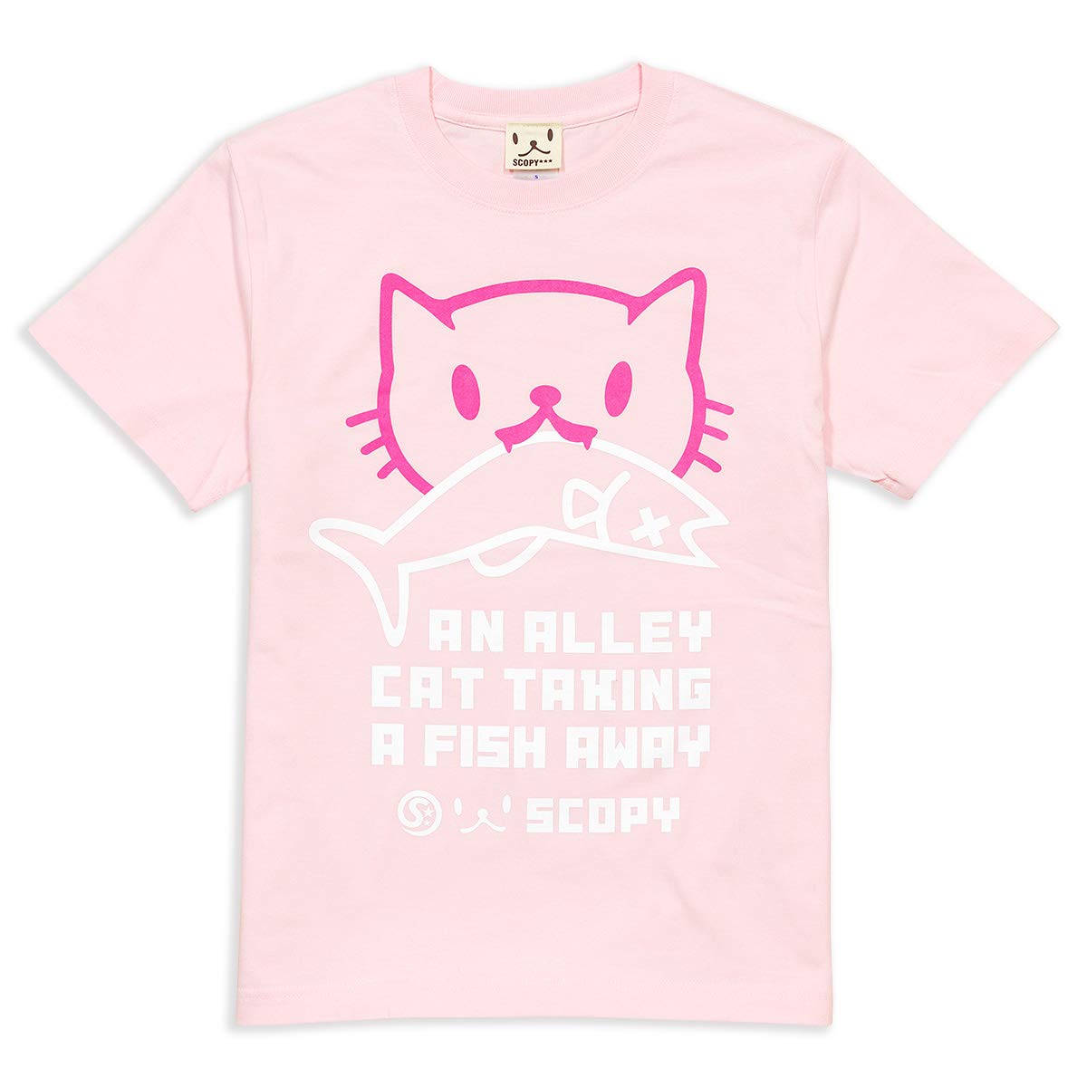 

Scorpy Cat Print for Cat Featuring a Stray Cat Holding a Fish in Its Light Size M T-Shirt Lovers, Mouth, Pink,