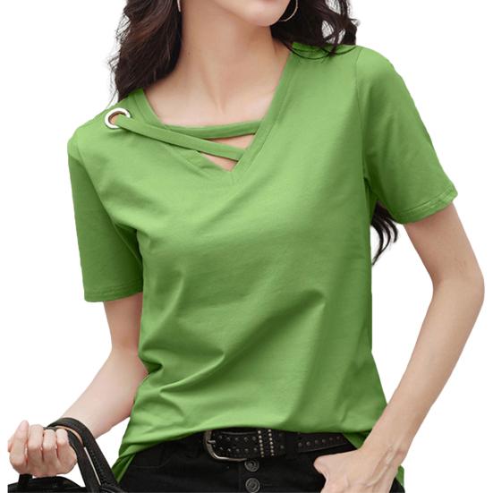 

Женская рубашка, сплошной цвет, с коротким рукавом, V-образным вырезом, ажурная женская блузка для повседневного ношения 3XL