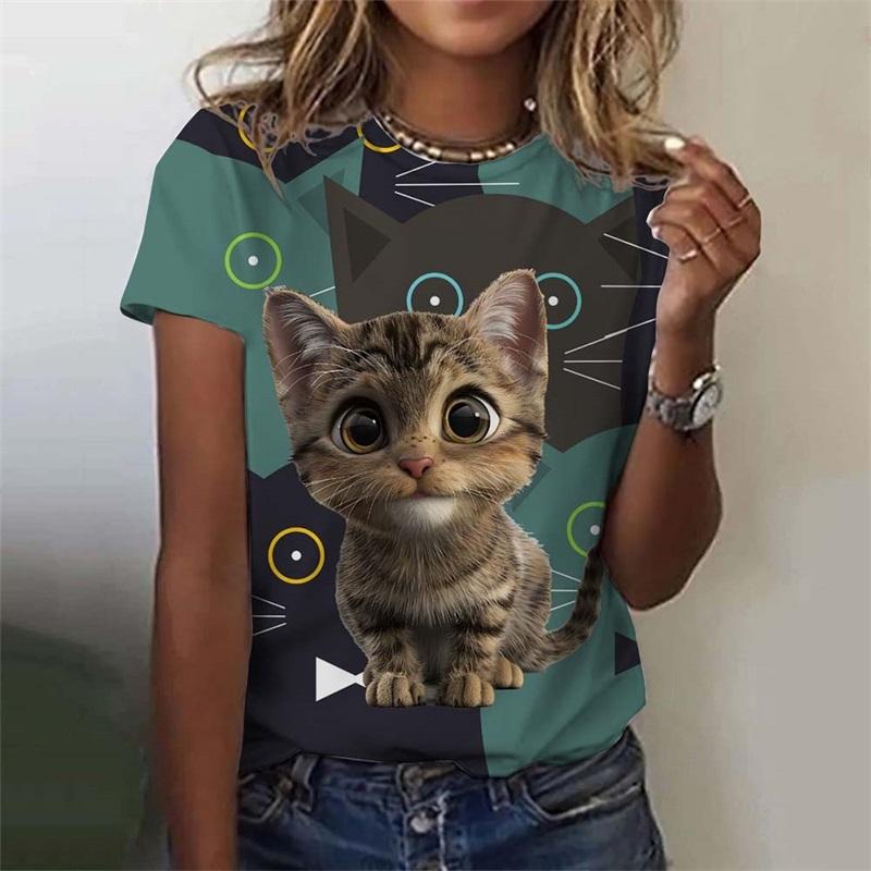 Women's T-shirt with Cute Cat Pattern 3D Printed for Girls, Summer Casual and Fashionable Women's Short Sleeved Oversized T-shirt