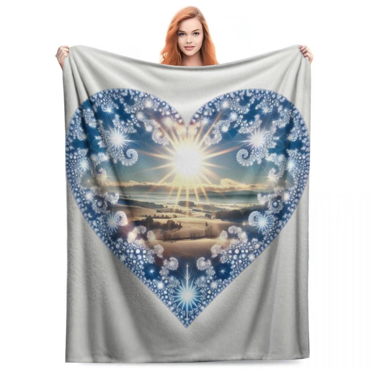 Frozen Love Elegance Luxury Bedspread - Extra Large Heart-Shaped Bed Cover with Blue & Golden Winter Snowflake Pattern 75x90cm28x35in