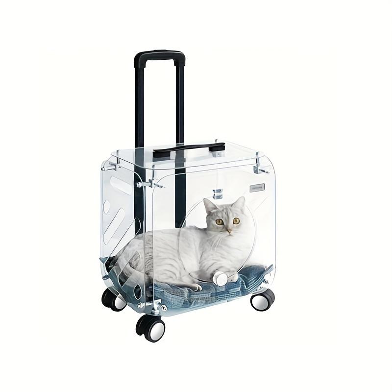 

Портативный чемодан для переноски кошек с колесами, прозрачный жесткий материал ПК, застежка-молния, телескопическая ручка, дышащий коврик,
