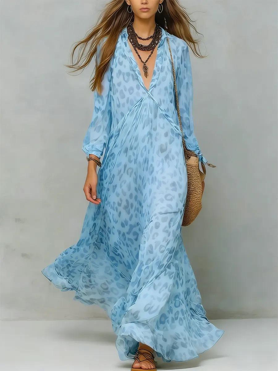 2026 new leopard print deep V-neck long-sleeved dress, bohemian vacation style long S