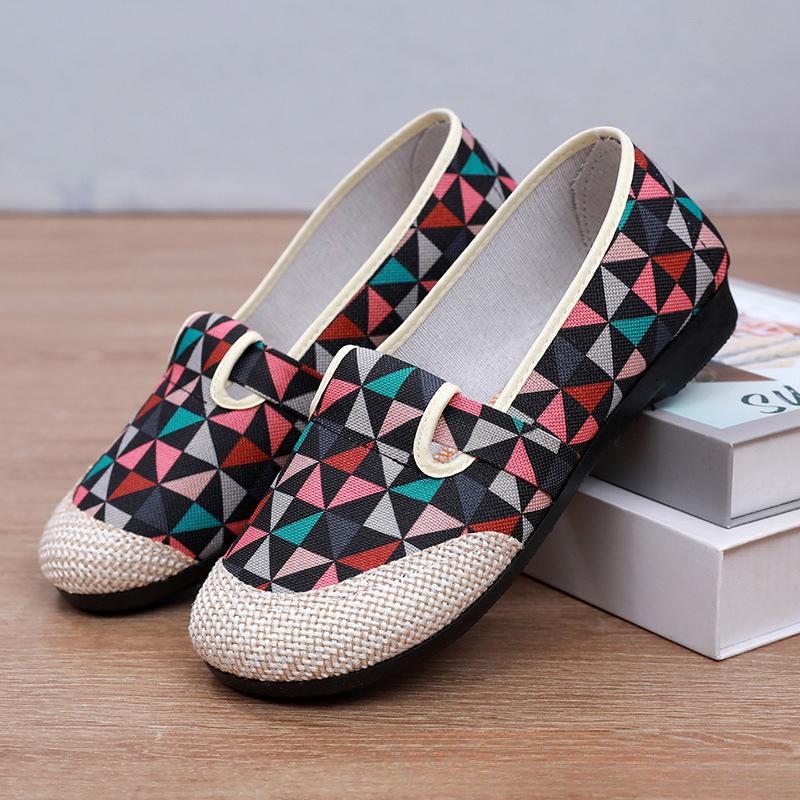 Dámské nazouvací plátěné rybářské boty s barevným pruhovaným vzorem, pohodlné ležérní mokasíny pro celodenní nošení