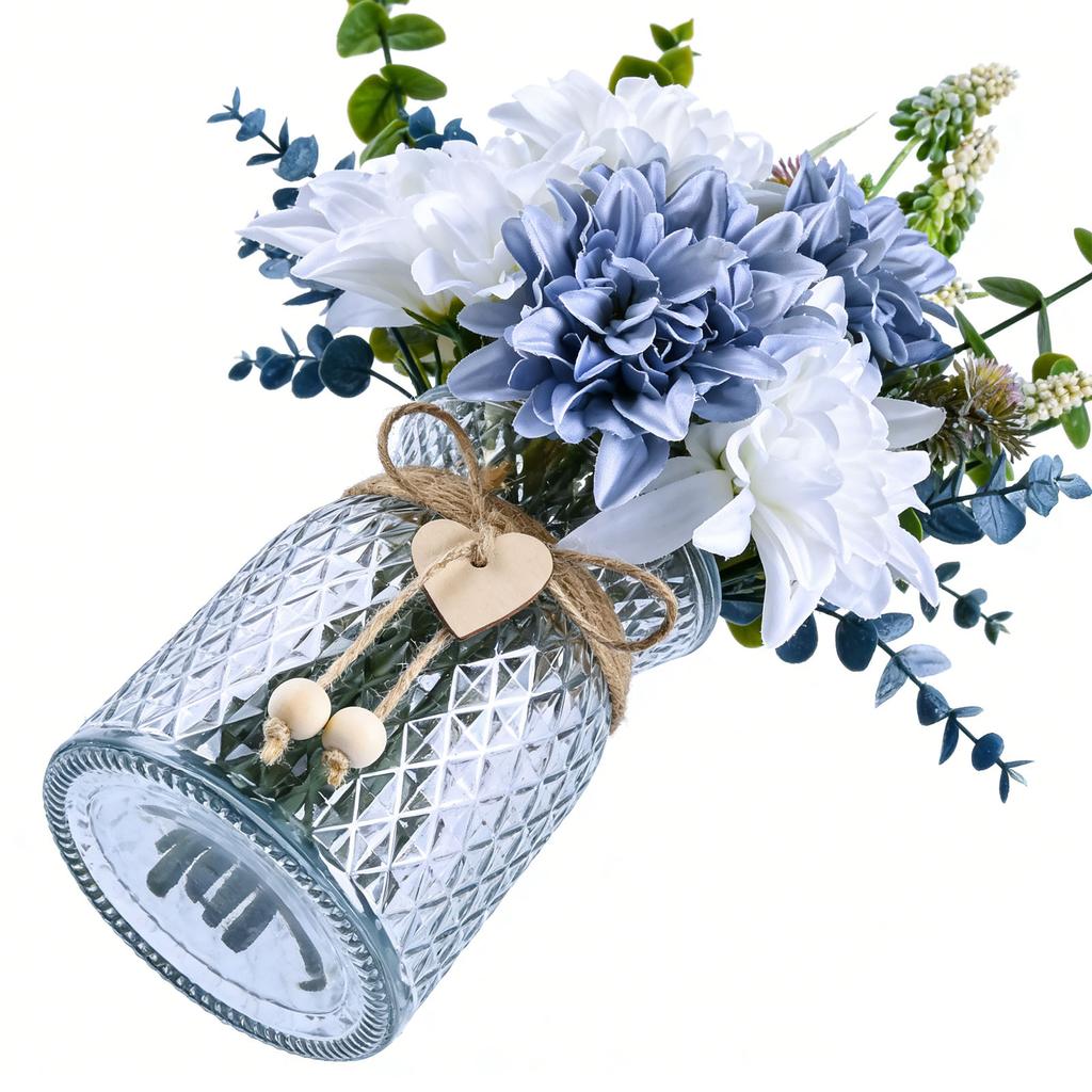 Artificial Flowers with Glass Vase Anti Wilting Anti Fading Realistic Faux Roses for Home Living Room Decor White Blue