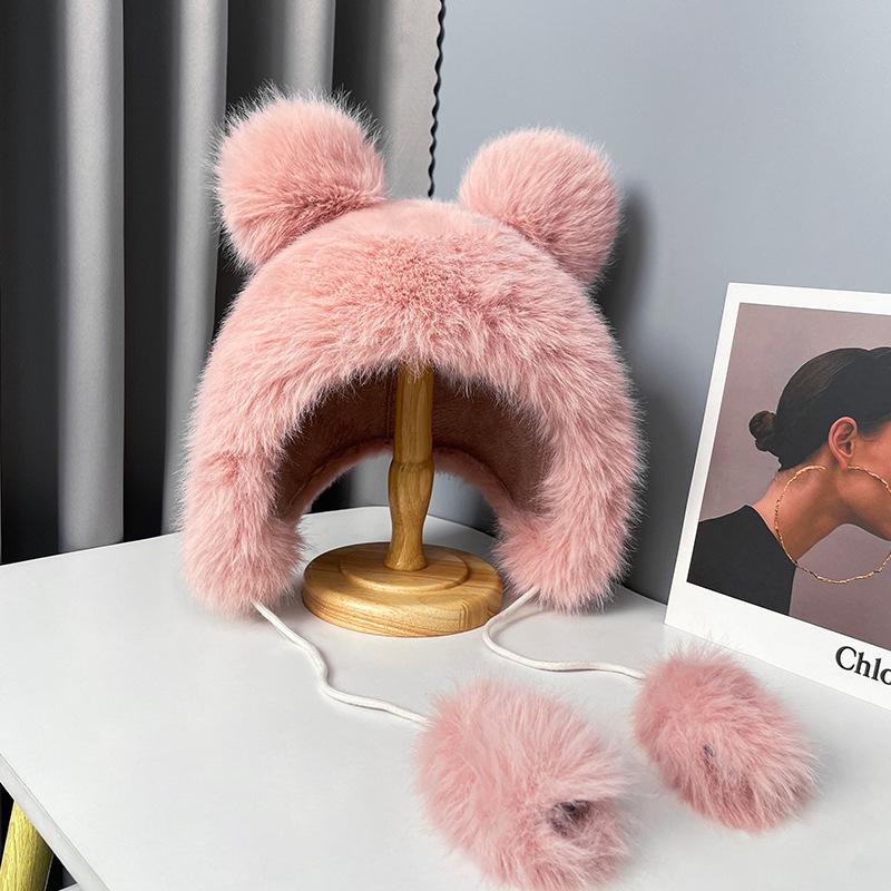 Cute Bear Ears Plush Hat Women's Winter Cycling Cold Protection Thickened Warm Face Small Ear Hat