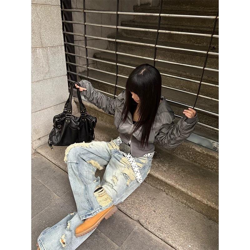 American Retro Washed Ripped Straight Jeans Men's and Women's Loose and Versatile Fashionable Wide-leg Trousers