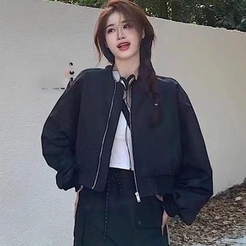 

Женская ретро короткая куртка ранняя весна свободная стройнящая повседневная универсальная бейсбольная куртка 2XL чёрный