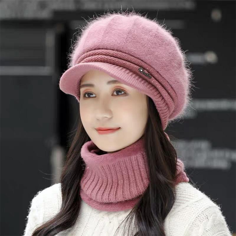 Strickmütze Damen Vielseitige Mütze Schal Zweiteiliges Set Winter Geeignet für großes Gesicht Warm und Samt Mutterhut