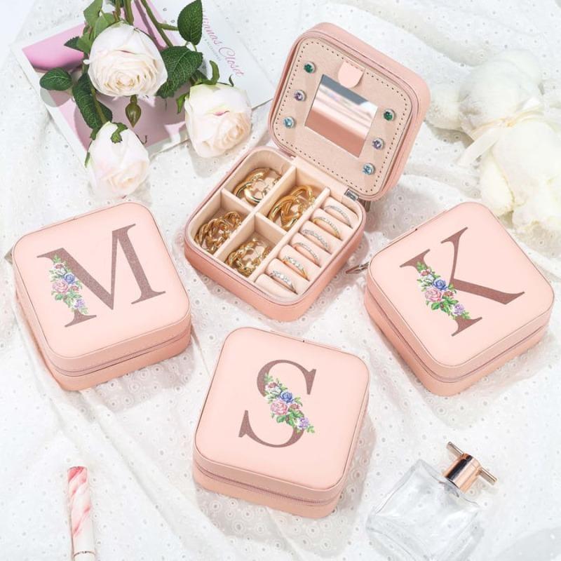 PU Leather Jewelry Box Mirror Storage Box 26 Letter Printed Portable Jewelry Organizer Earring Ring Necklace Case
