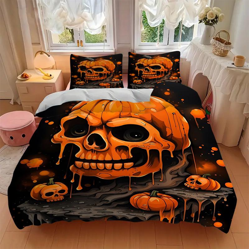 3pcs Halloween Pumpkin Skull Duvet Cover Set - Machine Washable, Includes 1 Cover and 2 Pillowcases, No Core Included yy251013120