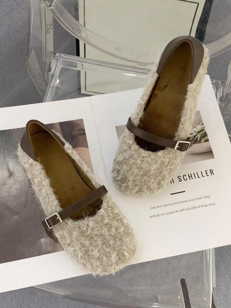 Korean version of gentle velvet one-word buckle with ballet single shoes femininity thick heel soft sole fluffy Mary Jane