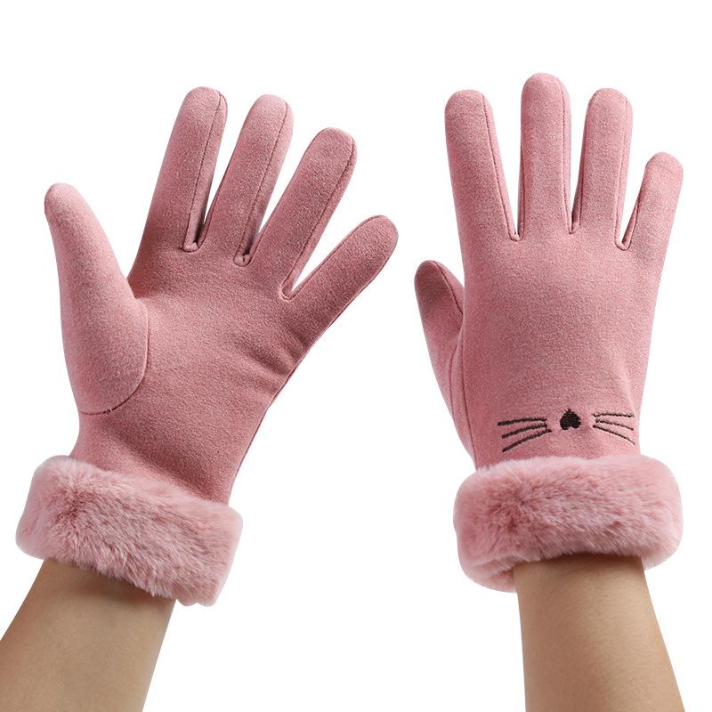 Women's Touchscreen Fleece Cycling Gloves - Cartoon Style, Thickened, Cold Weather Protection