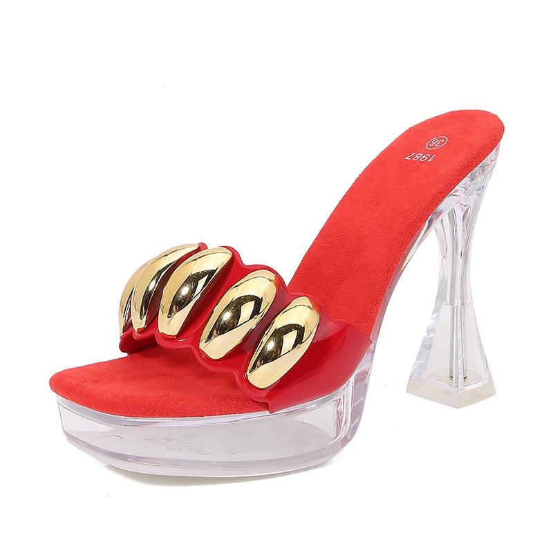 Fashion 12cm Chunky Heels Crystal Square Toe Women's Slippers for Nightclub Sexy Car Model Transparent with Slip-resistant Water Drill