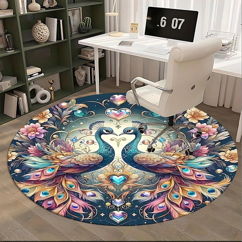 1 Stück Fantasy Pfauenpaar Runder Teppich Anime Design Bürostuhlmatte, Rutschfester Teppich für Heimdekoration, Geschenk, Büro, Wohnzimmer, Schlafzimmer