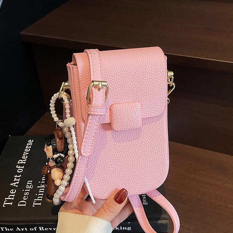 Spring and Summer Dopamine Sweet Simple Wind Mobile Phone Bag Women's Casual Versatile Commuter Advanced Sense Lychee Pattern Messenger Bag