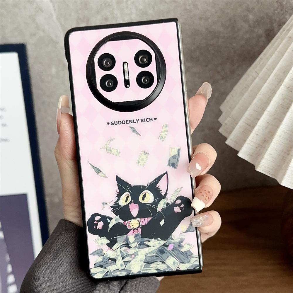 Black Cat and Pink Dragon Retro Happy Magnetic Case for Huawei MateX3/X5, Folding and Protective Cover for Women