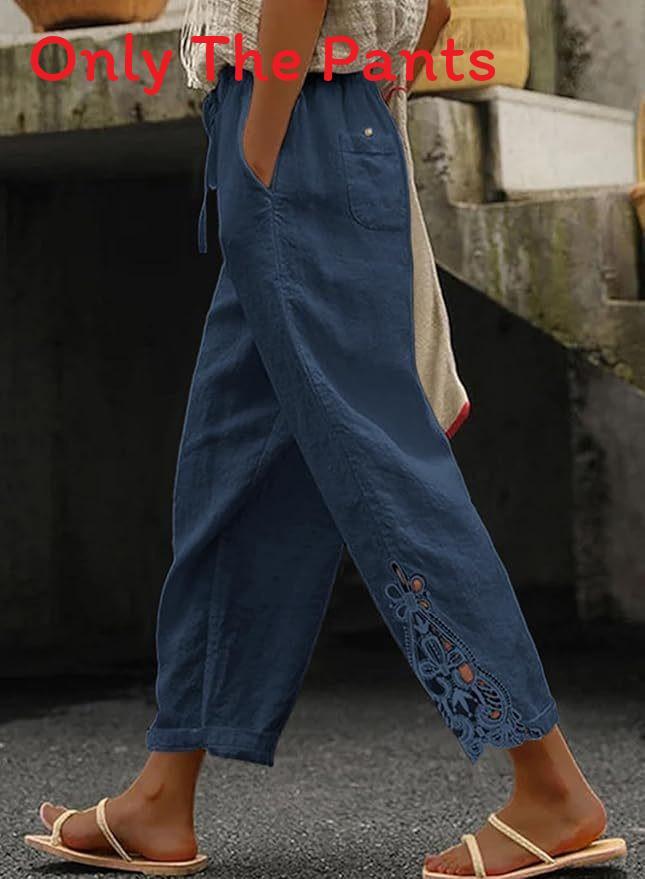Casual Cotton Pants With Lace Patchwork And High Waist For Womens Fall Fashion