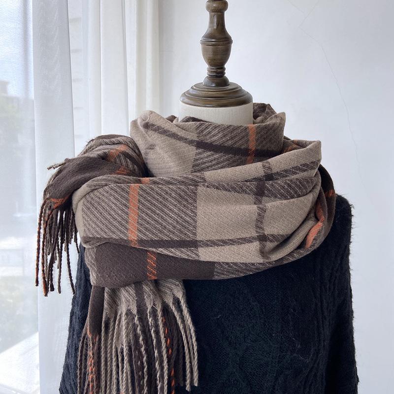 Eșarfă pentru femei, toamnă și iarnă, senzație high-end, șal cu ciucuri în carouri imitație de cașmir, eșarfă groasă și caldă pentru studenți
