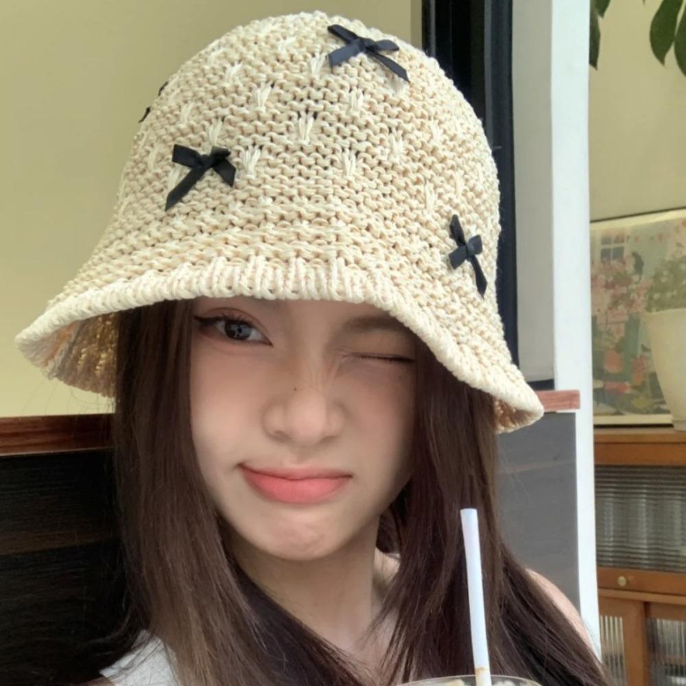 Mini Bow Beach Straw Hat Breathable Women Suncreen Hat Fashion Korean Bucket Hat  Sun Protection