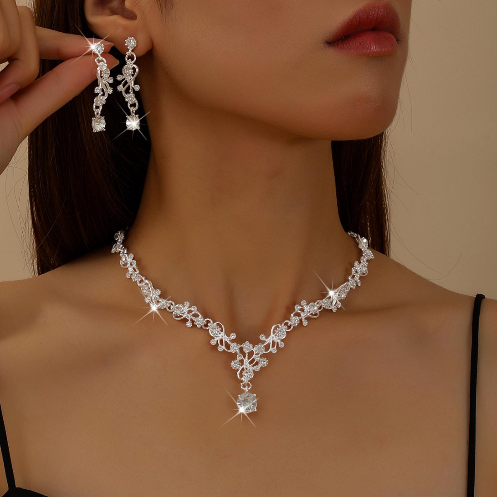 Alloy Rhinestone Wedding Necklace And Earrings For Brides One Size