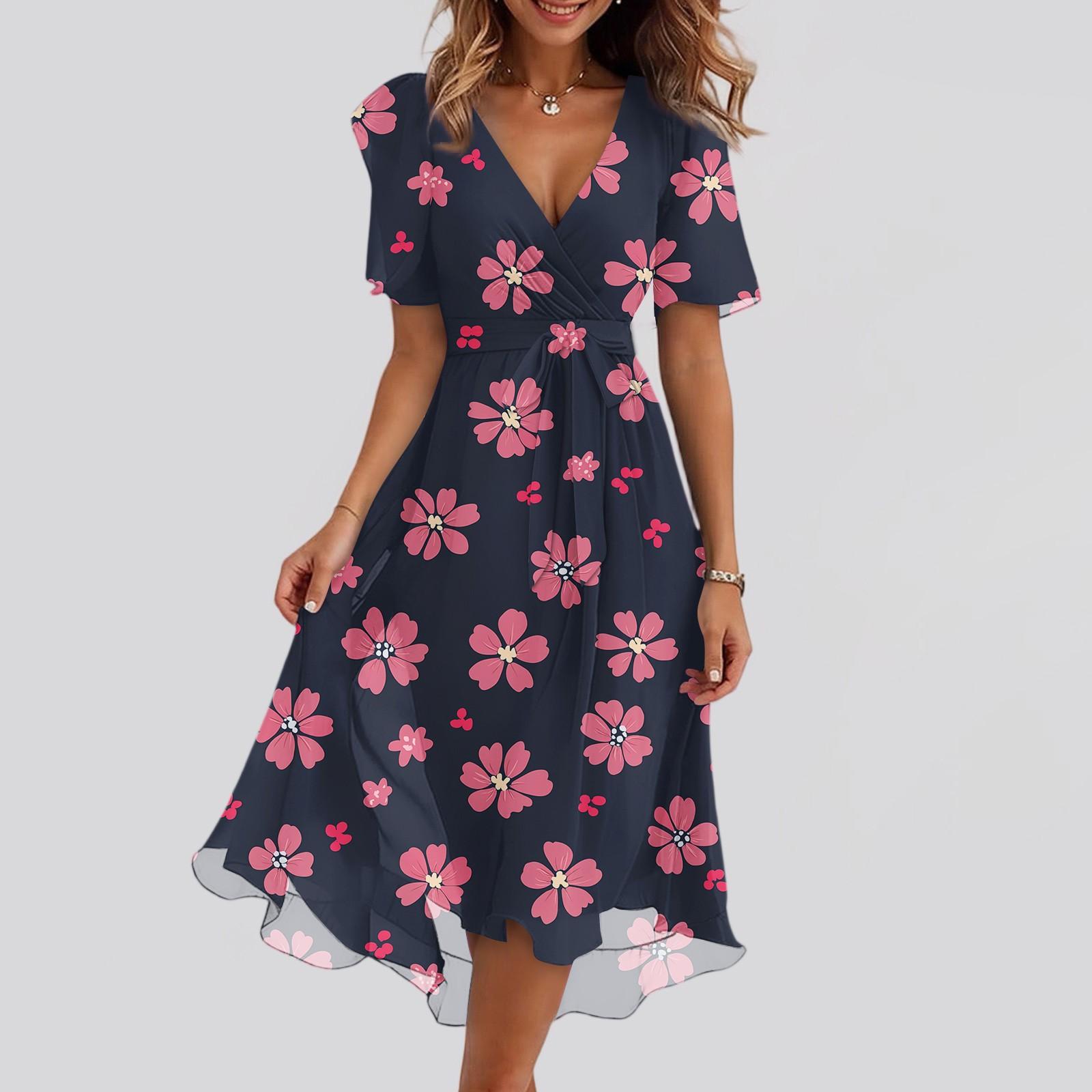 

Женские модные повседневные платья с V-образным вырезом, короткими рукавами и оборками, винтажным принтом M чёрный