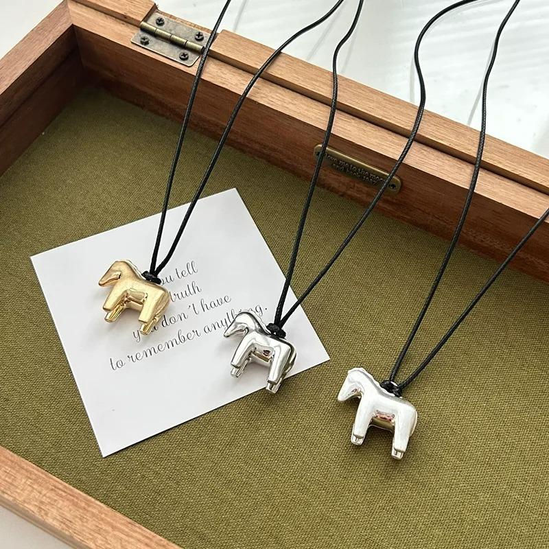 Hot Sale Horse Charm Pendant Necklace for Women Simple Adjustable Long Black Rope Sweater Chain Fashion Accessory 2026 Gifts
