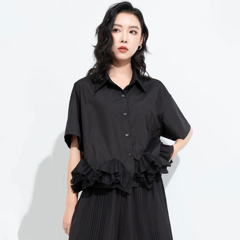 short sleeve oversized cotton mesh vintage black shirts & blouses for blouse Casual loose summer crop tops women button up shirt